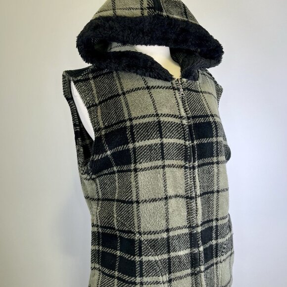 True Grit Sherpa Fleece Grey Plaid Hooded Sweater Vest Large Winter Western - Picture 3 of 6